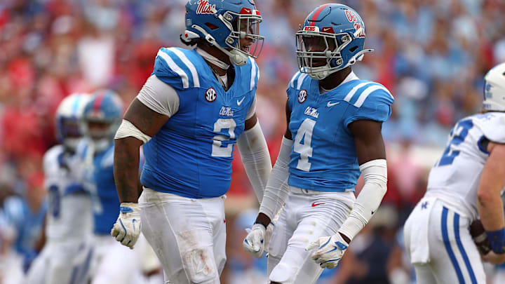 Sep 28, 2024; Oxford, Mississippi, USA; Mississippi Rebels defensive linemen Walter Nolen (2) and linebacker Suntarine Perkins (4) react after a sack during the second half against the Kentucky Wildcats at Vaught-Hemingway Stadium. Mandatory Credit: Petre Thomas-Imagn Images Sep 28, 2024; Oxford, Mississippi, USA; Mississippi Rebels defensive linemen Walter Nolen (2) and linebacker Suntarine Perkins (4) react after a sack during the second half against the Kentucky Wildcats at Vaught-Hemingway Stadium. Mandatory Credit: Petre Thomas-Imagn Images