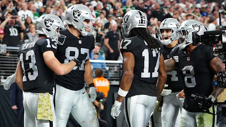 Nov 12, 2023; Paradise, Nevada, USA; Las Vegas Raiders tight end Michael Mayer (87) celebrates with team mates after scoring a touchdown against the New York Jets during the fourth quarter at Allegiant Stadium. Mandatory Credit: Stephen R. Sylvanie-USA TODAY Sports