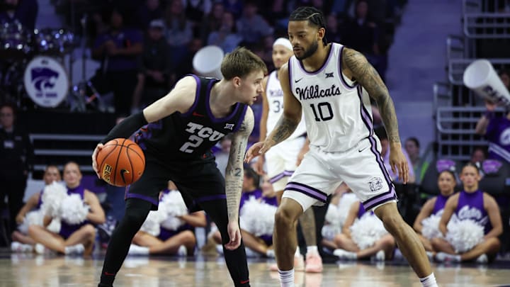 Kansas State guard David Castillo covers TCU guard Brock Harding in second half at Bramlage Coliseum. 