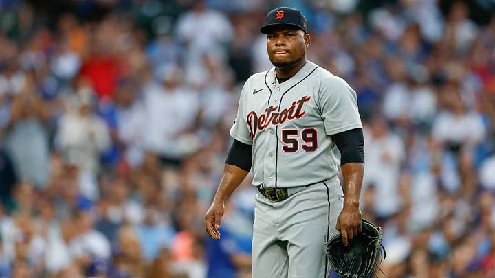 Jul 21, 2026; Chicago, Illinois, USA; Detroit Tigers starting pitcher Framber Valdez (59) leaves a baseball game against the Chicago Cubs during the first inning at Wrigley Field. Mandatory Credit: Kamil Krzaczynski-Imagn Images Jul 21, 2026; Chicago, Illinois, USA; Detroit Tigers starting pitcher Framber Valdez (59) leaves a baseball game against the Chicago Cubs during the first inning at Wrigley Field. Mandatory Credit: Kamil Krzaczynski-Imagn Images