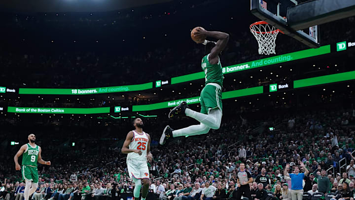Jaylen Brown soars for a dunk vs. the Knicks Jaylen Brown soars for a dunk vs. the Knicks