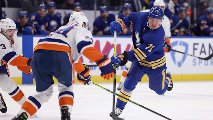 Feb 15, 2022; Buffalo, New York, USA; Buffalo Sabres left wing Victor Olofsson (71) shoots the puck