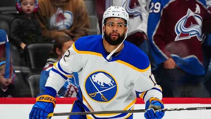 Nov 13, 2025; Denver, Colorado, USA; Buffalo Sabres left wing Jordan Greenway (12) before a game against the Colorado Avalanche at Ball Arena. Mandatory Credit: Ron Chenoy-Imagn Images