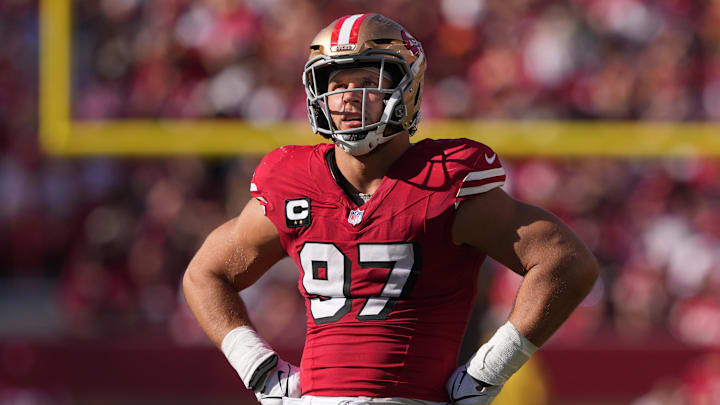 Oct 6, 2024; Santa Clara, California, USA; San Francisco 49ers defensive end Nick Bosa (97) during the fourth quarter against the Arizona Cardinals at Levi's Stadium. Mandatory Credit: Darren Yamashita-Imagn Images
