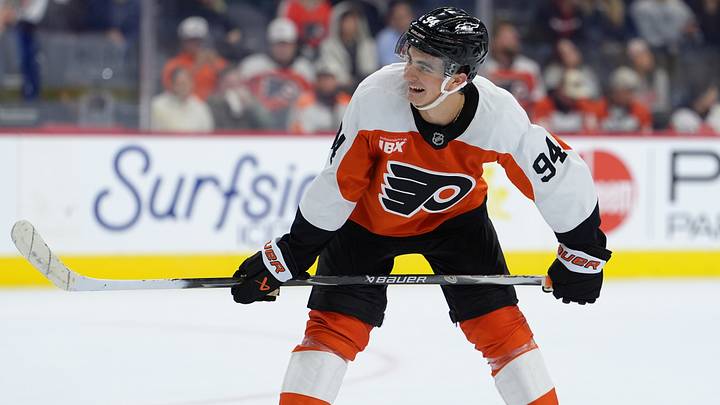 Sep 24, 2026; Philadelphia, Pennsylvania, USA; Philadelphia Flyers right wing Porter Martone (94) reacts against the Boston Bruins in the second period at Xfinity Mobile Arena.