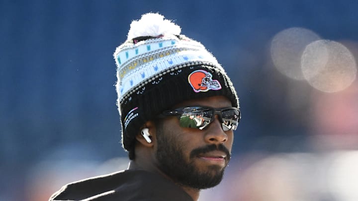 Oct 26, 2025; Foxborough, Massachusetts, USA;  Cleveland Browns quarterback Shedeur Sanders (12) looks on during warmups prior to the game against the New England Patriots at Gillette Stadium. Mandatory Credit: Brian Fluharty-Imagn Images