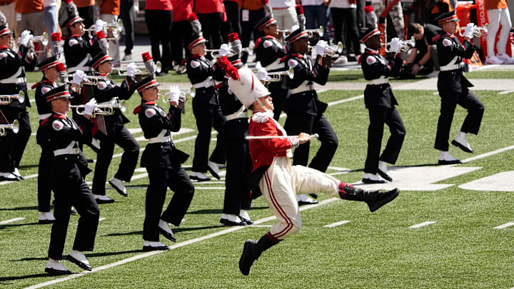 The Ohio State Marching Band takes the field prior to the NCAA football game between the Ohio State Buckeyes and the Texas Longhorns at Ohio Stadium on Aug. 30, 2025.