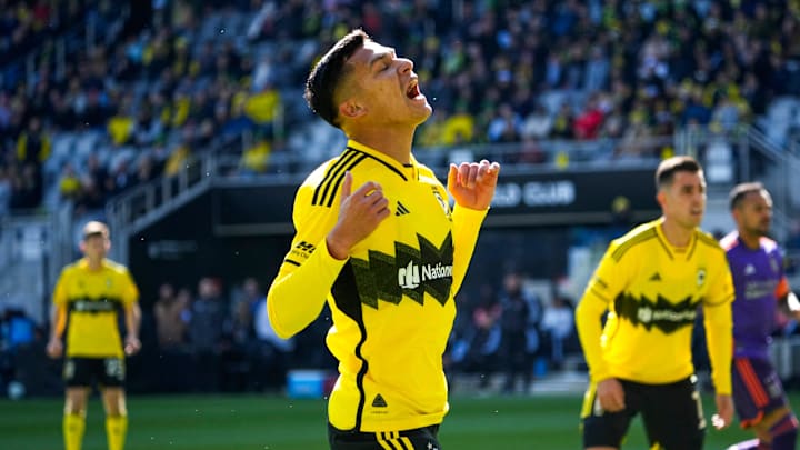 Columbus Crew defender Andres Herrera (2) reacts after missing a shot in the first half at Lower.com Field on Saturday, March 8, 2025 in Columbus, Ohio.