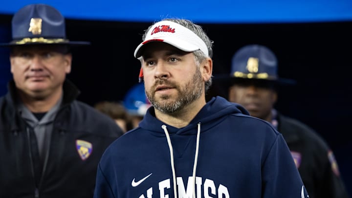 Jan 8, 2026; Glendale, AZ, USA; Mississippi Rebels head coach Pete Golding against the Miami Hurricanes during the 2026 Fiesta Bowl and semifinal game of the College Football Playoff at State Farm Stadium. Mandatory Credit: Mark J. Rebilas-Imagn Images
