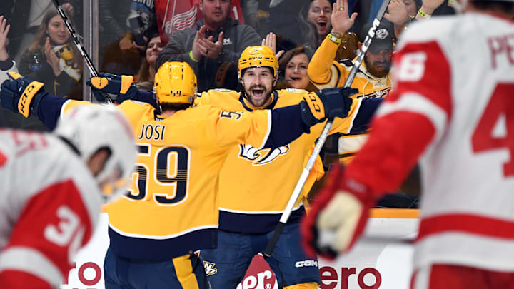 Mar 23, 2024; Nashville, Tennessee, USA; Nashville Predators left wing Filip Forsberg (9) celebrates