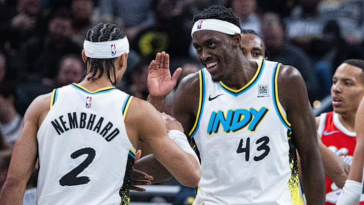 Feb 20, 2025; Indianapolis, Indiana, USA; Indiana Pacers forward Pascal Siakam (43) celebrates a made shot with guard Andrew Nembhard (2) in the first half against Memphis Grizzlies  at Gainbridge Fieldhouse. Mandatory Credit: Trevor Ruszkowski-Imagn Images