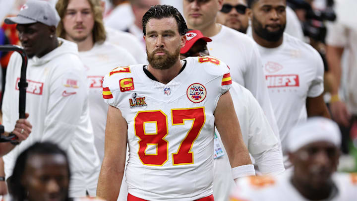 Feb 9, 2025; New Orleans, LA, USA; Kansas City Chiefs tight end Travis Kelce (87) looks on before Super Bowl LIX between the Philadelphia Eagles and the Kansas City Chiefs at Caesars Superdome. Mandatory Credit: Bill Streicher-Imagn Images