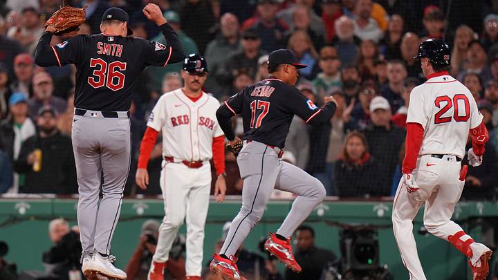 Sep 22, 2026: Cleveland Guardians second baseman Angel Genao (17) makes the final out of the game against 1Boston Red Sox first baseman Nick Sogard (20) in the ninth inning at Fenway Park. Credit: David Butler II-Imagn Images