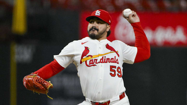 Sep 3, 2025; St. Louis, Missouri, USA; St. Louis Cardinals relief pitcher JoJo Romero (59) pitches against the Athletics during the ninth inning at Busch Stadium. Mandatory Credit: Jeff Curry-Imagn Images