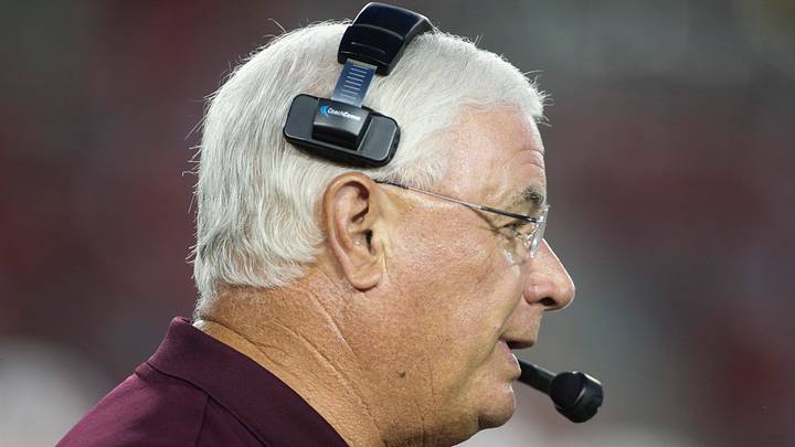 Texas State head coach Dennis Franchione coaches from the sideline during the first quarter against the Houston Cougars at TDECU Stadium Texas State head coach Dennis Franchione coaches from the sideline during the first quarter against the Houston Cougars at TDECU Stadium