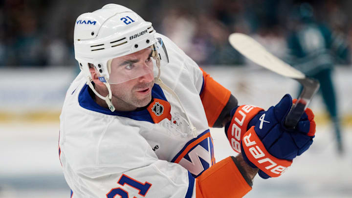 Mar 8, 2025; San Jose, California, USA; New York Islanders center Kyle Palmieri (21) warms up before the game against the San Jose Sharks at SAP Center at San Jose. Mandatory Credit: Robert Edwards-Imagn Images