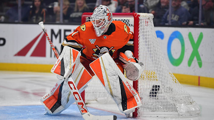 Feb 27, 2025; Anaheim, California, USA; Anaheim Ducks goaltender Lukas Dostal (1) defends the goal against the Vancouver Canucks during the first period at Honda Center. Mandatory Credit: Gary A. Vasquez-Imagn Images