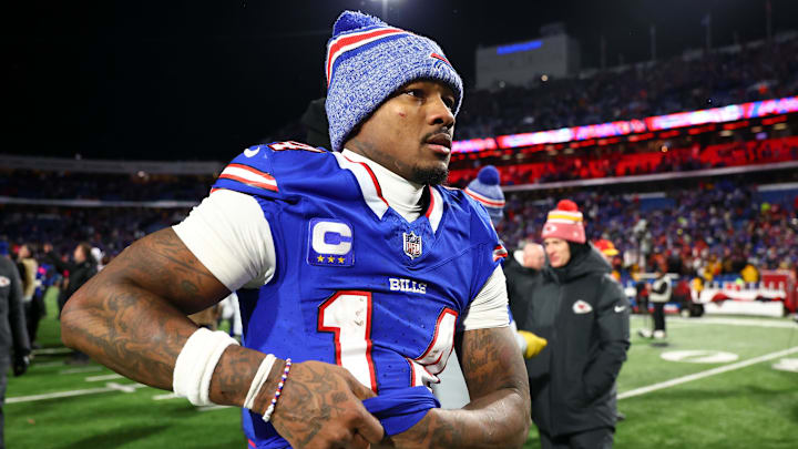 Jan 21, 2024; Orchard Park, New York, USA; Buffalo Bills wide receiver Stefon Diggs (14) reacts