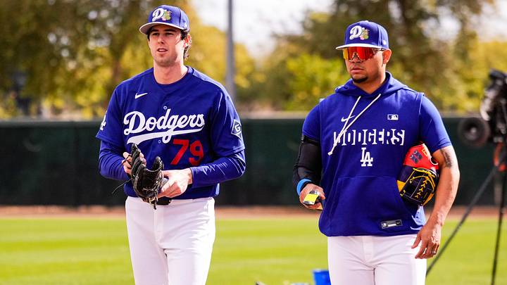 Feb 18, 2026; Glendale, AZ, USA; Los Angeles Dodger Pitcher Nick Frasso (79) walks with pitcher Brusdar Graterol (48) during Los Angeles Dodger workouts at Camelback Ranch in Glendale, Arizona. Mandatory Credit: Arianna Grainey-Imagn Images Feb 18, 2026; Glendale, AZ, USA; Los Angeles Dodger Pitcher Nick Frasso (79) walks with pitcher Brusdar Graterol (48) during Los Angeles Dodger workouts at Camelback Ranch in Glendale, Arizona. Mandatory Credit: Arianna Grainey-Imagn Images
