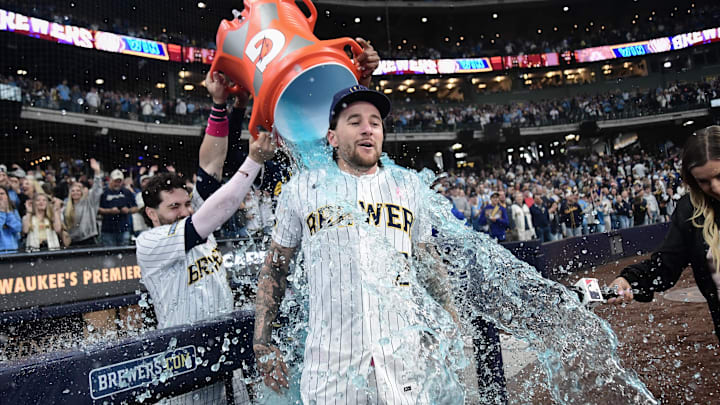 May 10, 2026; Milwaukee, Wisconsin, USA; Milwaukee Brewers second baseman Brice Turang (2) is dunked after hitting a game-winning home run in the ninth inning against the New York Yankees at American Family Field. Mandatory Credit: Benny Sieu-Imagn Images