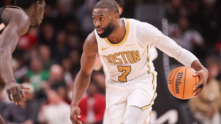 Jan 17, 2026; Atlanta, Georgia, USA; Boston Celtics guard Jaylen Brown (7) dribbles against the Atlanta Hawks in the third quarter at State Farm Arena. Mandatory Credit: Brett Davis-Imagn Images