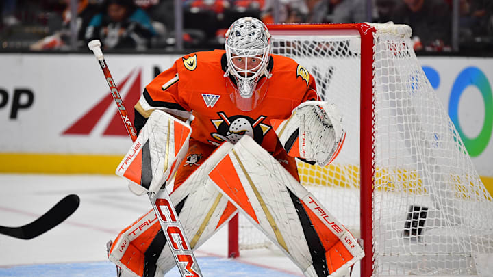 Oct 16, 2024; Anaheim, California, USA; Anaheim Ducks goaltender Lukas Dostal (1) defends the goal against Utah Hockey Club during the first period at Honda Center. Mandatory Credit: Gary A. Vasquez-Imagn Images