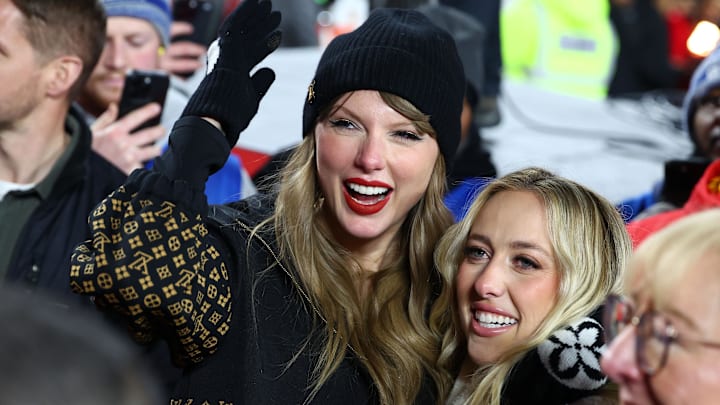 Jan. 26, 2025; Kansas City, MO, USA; Recording artist Taylor Swift  and Brittany Mahomes react after the AFC Championship game against the Buffalo Bills at GEHA Field at Arrowhead Stadium.