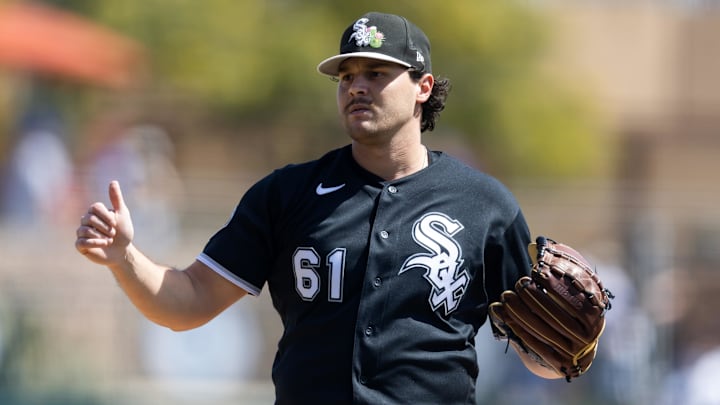 Mar 14, 2026; Phoenix, Arizona, USA; Chicago White Sox pitcher Mike Vasil against the Los Angeles Dodgers during a spring training game at Camelback Ranch-Glendale. Mandatory Credit: Mark J. Rebilas-Imagn Images