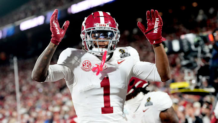 Alabama 's Isaiah Horton (1) celebrates an Alabama touchdown during the College Football Playoff game between the University of Oklahoma Sooners (OU) and the Alabama Crimson Tide at the Gaylord Family - Oklahoma Memorial Stadium in Norman, Okla., Friday Dec. 19, 2025. Alabama 's Isaiah Horton (1) celebrates an Alabama touchdown during the College Football Playoff game between the University of Oklahoma Sooners (OU) and the Alabama Crimson Tide at the Gaylord Family - Oklahoma Memorial Stadium in Norman, Okla., Friday Dec. 19, 2025.