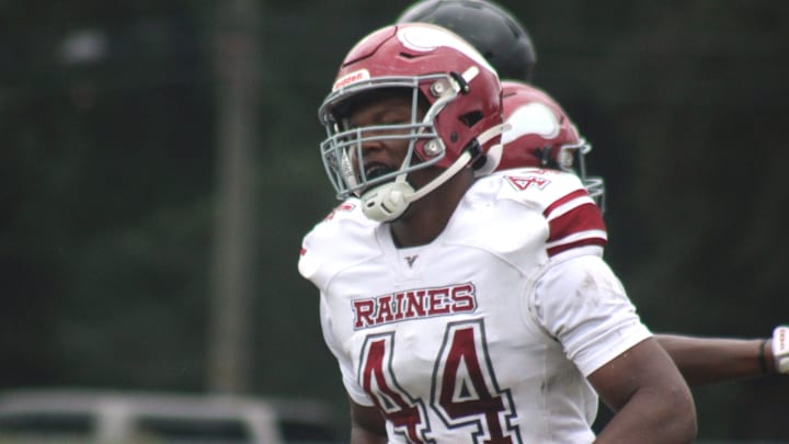 Raines defensive end Cameron Washington (44) celebrates a sack against Ribault in a high school football game on October 5, 2024. [Clayton Freeman/Florida Times-Union]