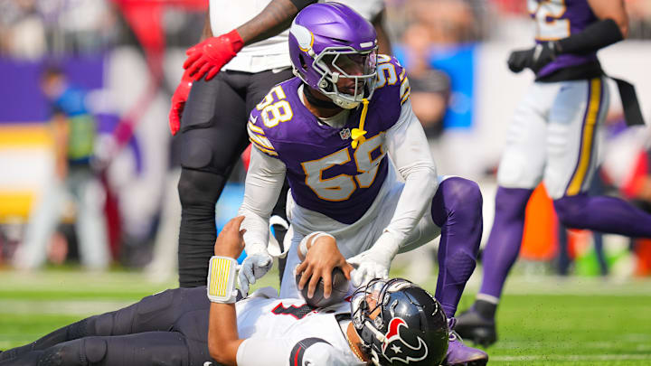 Sep 22, 2024; Minneapolis, Minnesota, USA; Minnesota Vikings linebacker Jonathan Greenard (58) sacks Houston Texans quarterback C.J. Stroud (7) in the third quarter at U.S. Bank Stadium. Sep 22, 2024; Minneapolis, Minnesota, USA; Minnesota Vikings linebacker Jonathan Greenard (58) sacks Houston Texans quarterback C.J. Stroud (7) in the third quarter at U.S. Bank Stadium.