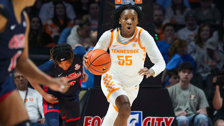 Tennessee guard Talaysia Cooper (55) dribbles the ball in a game between the Lady Vols and Ole Miss Rebels. Tennessee guard Talaysia Cooper (55) dribbles the ball in a game between the Lady Vols and Ole Miss Rebels.