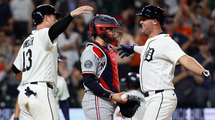 Detroit Tigers right fielder Kerry Carpenter (30) receives congratulations from catcher Dillon Dingler (13) after he hits a two run home run.  Credit: Rick Osentoski-Imagn Images