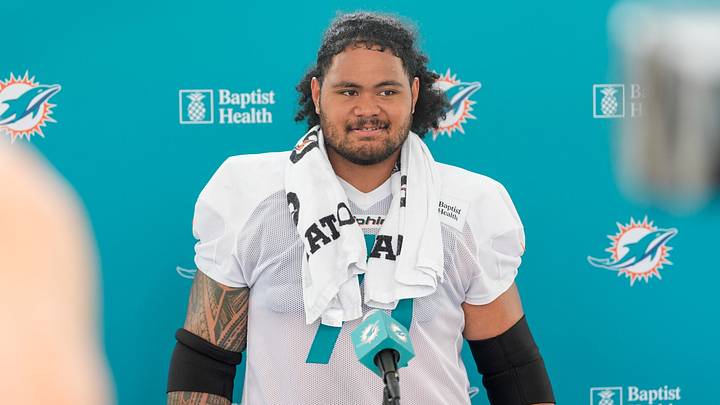 Miami Dolphins guard Jonah Savaiinaea (71) talks to reporters at training camp at Baptist Health Training Complex, Sunday, August 2, 2026 in Miami Gardens, FL.