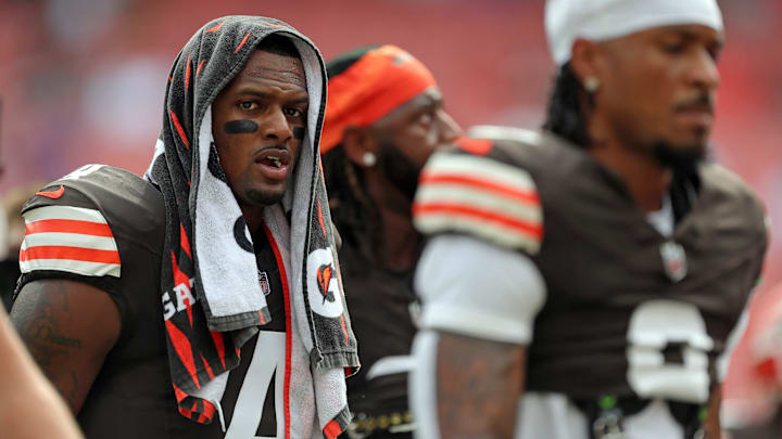 Cleveland Browns quarterback Deshaun Watson heads back to the locker room with his teammates before an NFL football game at Huntington Bank Field, Sunday, Sept. 22, 2024, in Cleveland, Ohio. Cleveland Browns quarterback Deshaun Watson heads back to the locker room with his teammates before an NFL football game at Huntington Bank Field, Sunday, Sept. 22, 2024, in Cleveland, Ohio.