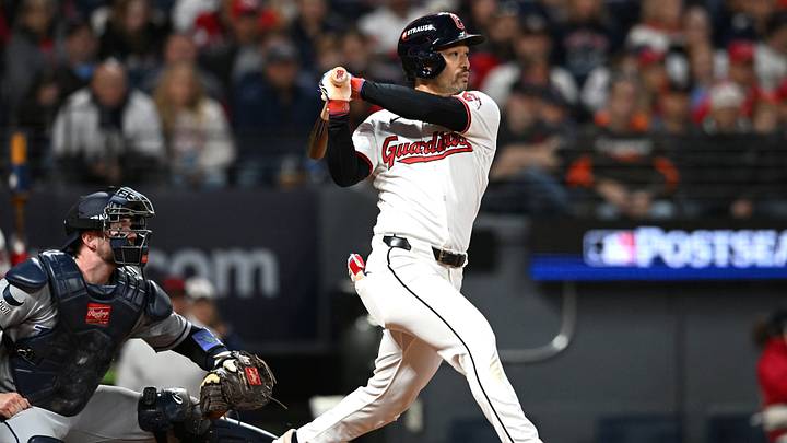 Oct 18, 2026; Cleveland, Ohio, USA; Cleveland Guardians outfielder Steven Kwan (38) hits a single against the Tampa Bay Rays during the sixth inning in game five of the ALCS for the 2026 MLB Playoffs at Progressive Field. Mandatory Credit: Ken Blaze-Imagn Images Oct 18, 2026; Cleveland, Ohio, USA; Cleveland Guardians outfielder Steven Kwan (38) hits a single against the Tampa Bay Rays during the sixth inning in game five of the ALCS for the 2026 MLB Playoffs at Progressive Field. Mandatory Credit: Ken Blaze-Imagn Images