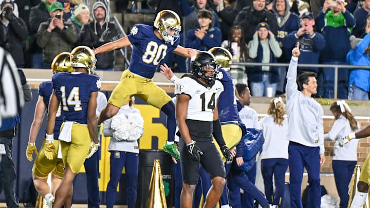 Nov 18, 2023; South Bend, Indiana, USA; Notre Dame Fighting Irish wide receiver Jordan Faison (80) celebrates after catching a pass for a touchdown in the fourth quarter against the Wake Forest Demon Deacons at Notre Dame Stadium. Mandatory Credit: Matt Cashore-Imagn Images