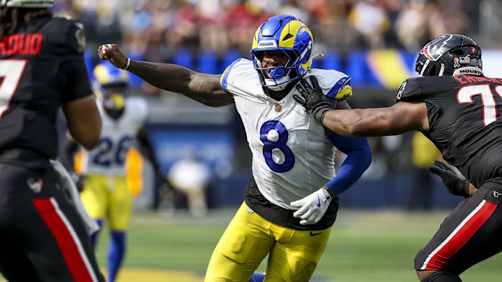 Sep 7, 2025; Inglewood, California, USA; Los Angeles Rams linebacker Jared Verse (8) pressures Houston Texans quarterback C.J. Stroud (7) during the fourth quarter at SoFi Stadium. Mandatory Credit: Kiyoshi Mio-Imagn Images Sep 7, 2025; Inglewood, California, USA; Los Angeles Rams linebacker Jared Verse (8) pressures Houston Texans quarterback C.J. Stroud (7) during the fourth quarter at SoFi Stadium. Mandatory Credit: Kiyoshi Mio-Imagn Images