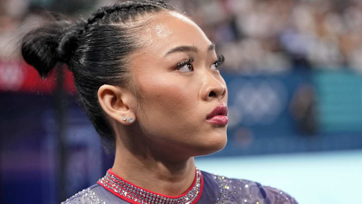 Sunisa Lee of the United States looks on after competing on the uneven bar in the womenís gymnastics all-around during the Paris 2024 Olympic Summer Games.