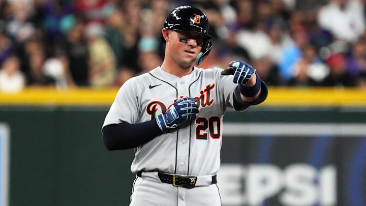 Mar 30, 2026; Phoenix, Arizona, USA; Detroit Tigers first baseman Spencer Torkelson (20) reacts after hitting an RBI double against the Arizona Diamondbacks in the third inning at Chase Field. Mandatory Credit: Rick Scuteri-Imagn Images