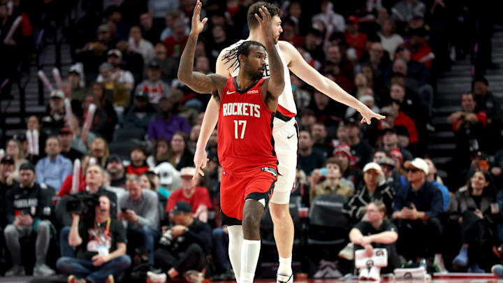 Jan 7, 2026; Portland, Oregon, USA; Houston Rockets forward Tari Eason (17) reacts after scoring against the Portland Trail Blazers uring the second half at Moda Center. Mandatory Credit: Jaime Valdez-Imagn Images Jan 7, 2026; Portland, Oregon, USA; Houston Rockets forward Tari Eason (17) reacts after scoring against the Portland Trail Blazers uring the second half at Moda Center. Mandatory Credit: Jaime Valdez-Imagn Images
