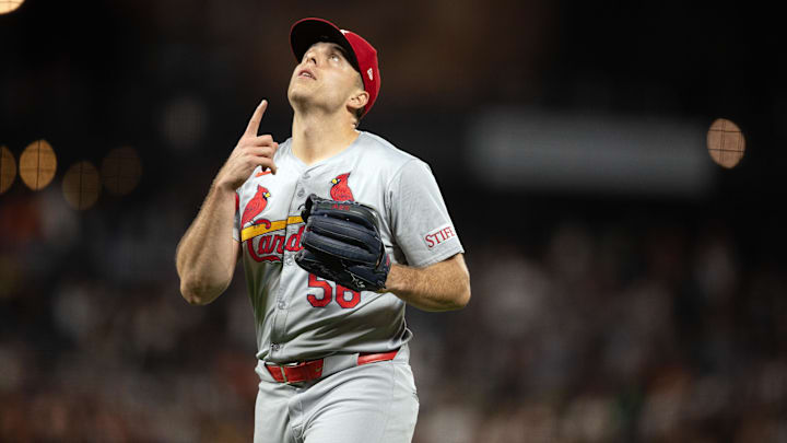 Sep 27, 2024; San Francisco, California, USA; St. Louis Cardinals pitcher Ryan Helsley (56) reacts to getting the final out against the San Francisco Giants during the ninth inning at Oracle Park. Mandatory Credit: D. Ross Cameron-Imagn Images