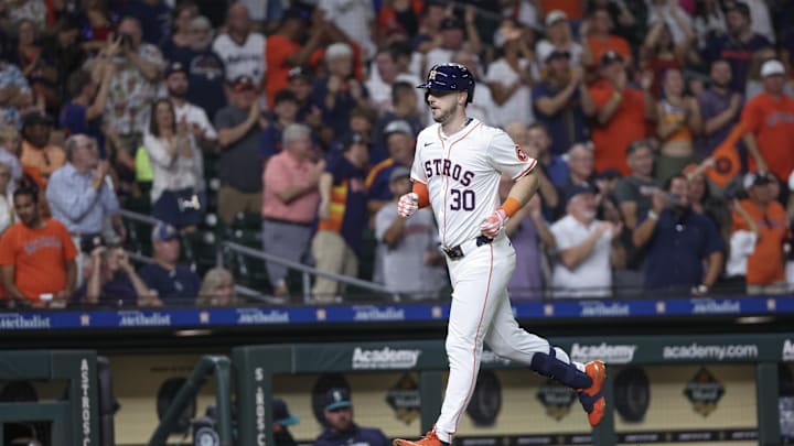 Sep 24, 2024; Houston, Texas, USA; Houston Astros right fielder Kyle Tucker (30) rounds the bases after hitting a home run against the Seattle Mariners in the fourth inning at Minute Maid Park.