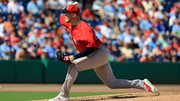 Mar 5, 2026; Clearwater, Florida, USA;  Boston Red Sox pitcher Ryan Watson (56) throws a pitch during the third inning against the Philadelphia Phillies at BayCare Ballpark. Mandatory Credit: Kim Klement Neitzel-Imagn Images