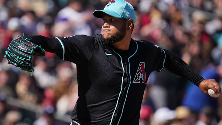 Arizona Diamondbacks' Eduardo Rodriguez (57) pitches against the Texas Rangers at Surprise Stadium on Sunday, March 2, 2025.