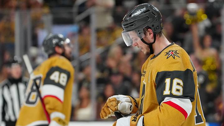 Jun 14, 2026; Las Vegas, Nevada, USA; Vegas Golden Knights right wing Pavel Dorofeyev (16) reacts during the third period against the Carolina Hurricanes in game six of the 2026 Stanley Cup Final at T-Mobile Arena. Mandatory Credit: Stephen R. Sylvanie-Imagn Images