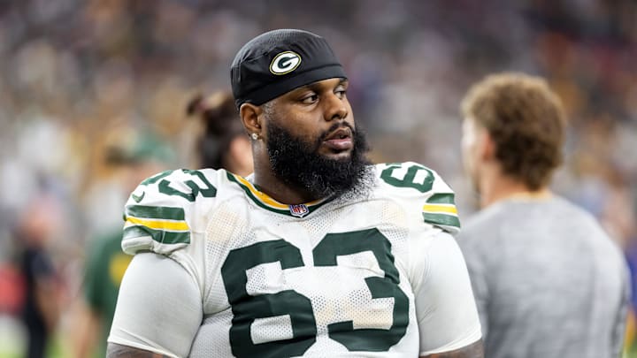 Oct 19, 2025; Glendale, Arizona, USA; Green Bay Packers tackle Rasheed Walker (63) against the Arizona Cardinals at State Farm Stadium. Mandatory Credit: Mark J. Rebilas-Imagn Images