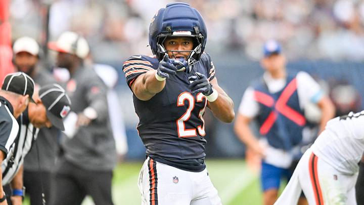 Chicago Bears running back Roschon Johnson (23) reacts after gaining a first down against the Cleveland Browns during the first half at Soldier Field. Mandatory Credit: Patrick Gorski-Imagn Images Chicago Bears running back Roschon Johnson (23) reacts after gaining a first down against the Cleveland Browns during the first half at Soldier Field. Mandatory Credit: Patrick Gorski-Imagn Images