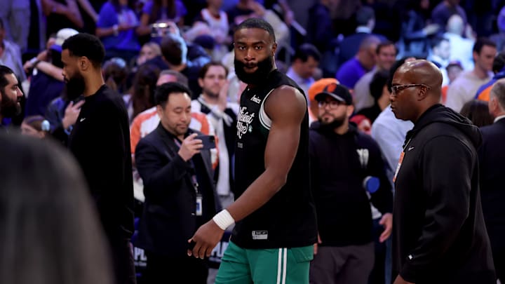 May 16, 2025; New York, New York, USA; Boston Celtics guard Jaylen Brown (7) walks off the court after losing to the New York Knicks in game six in the second round of the 2025 NBA Playoffs at Madison Square Garden. Mandatory Credit: Brad Penner-Imagn Images