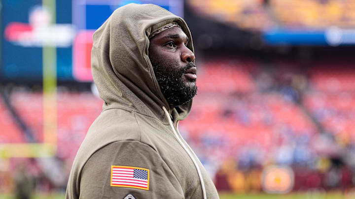 Detroit Lions defensive tackle DJ Reader (98) warms up ahead of the Washington Commanders game at Northwest Stadium in Landover, Md. on Sunday, November 9, 2025.
